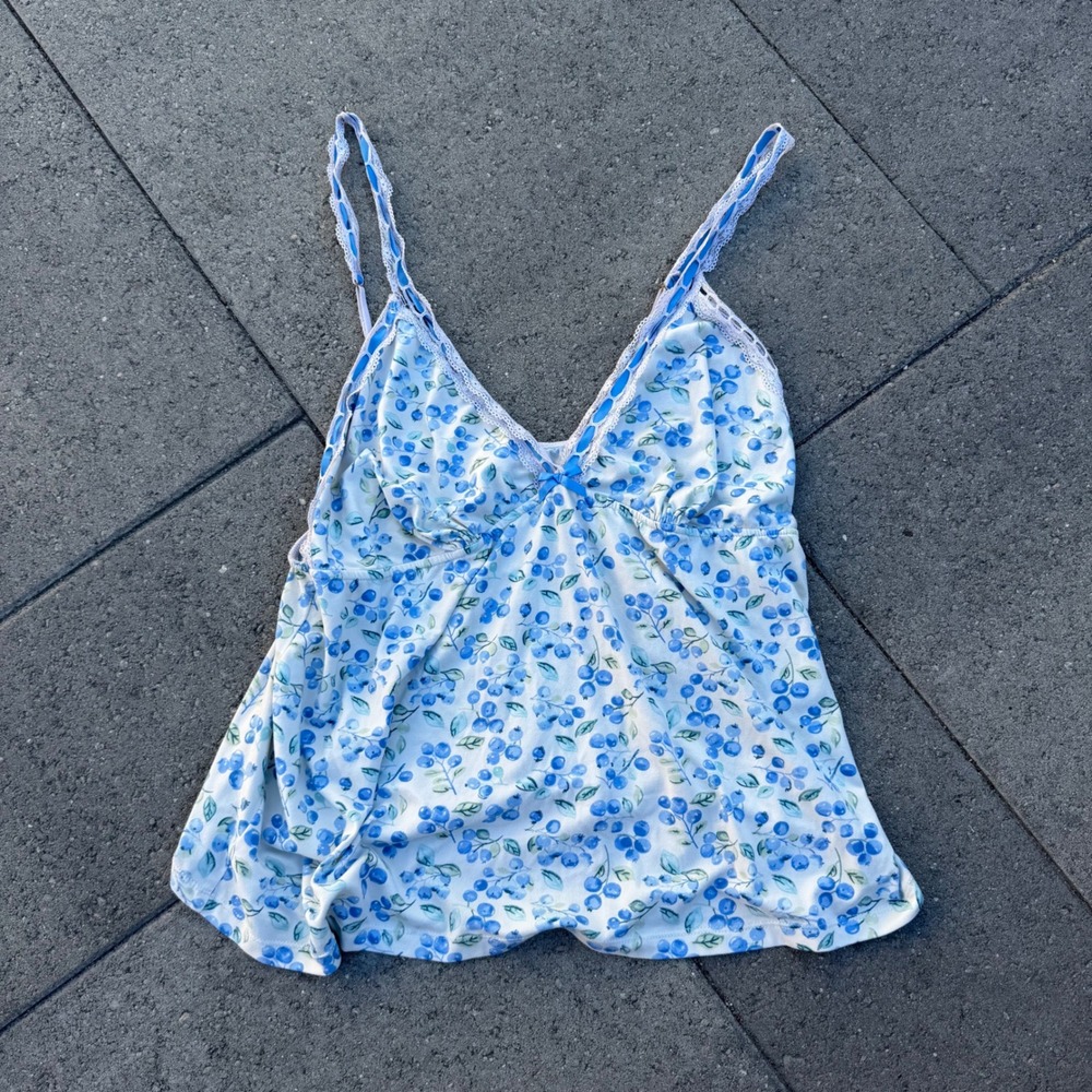 Blueberry Print Lace Trim Camisole V-Neck Cami Top Blue White XL